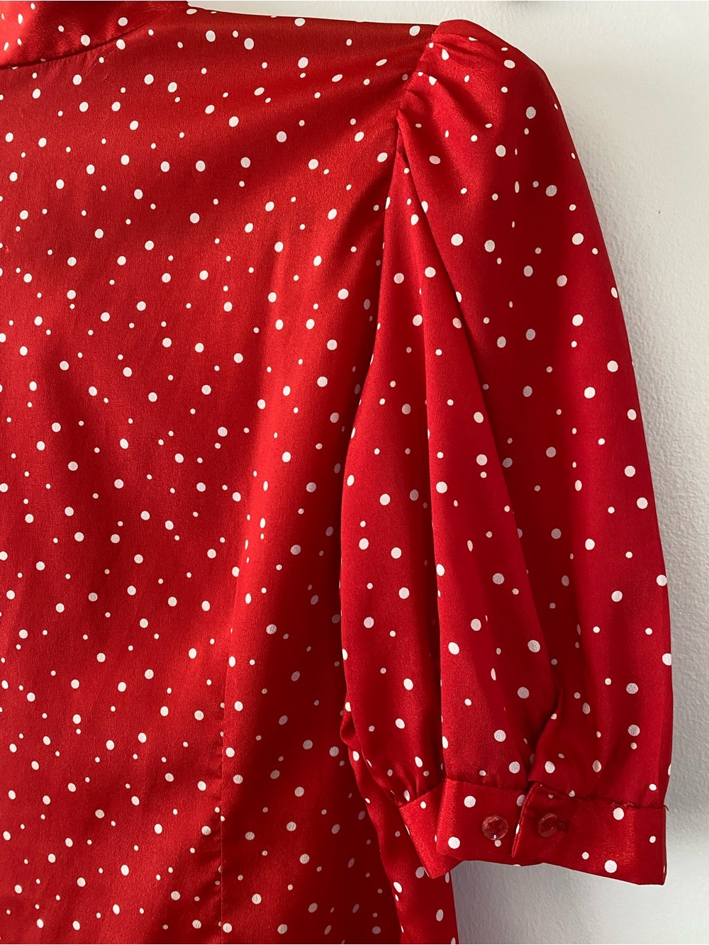 Red Polka Dot Retro Tie-Neck Blouse - Women's Top - size small - classic - Picture 5 of 6